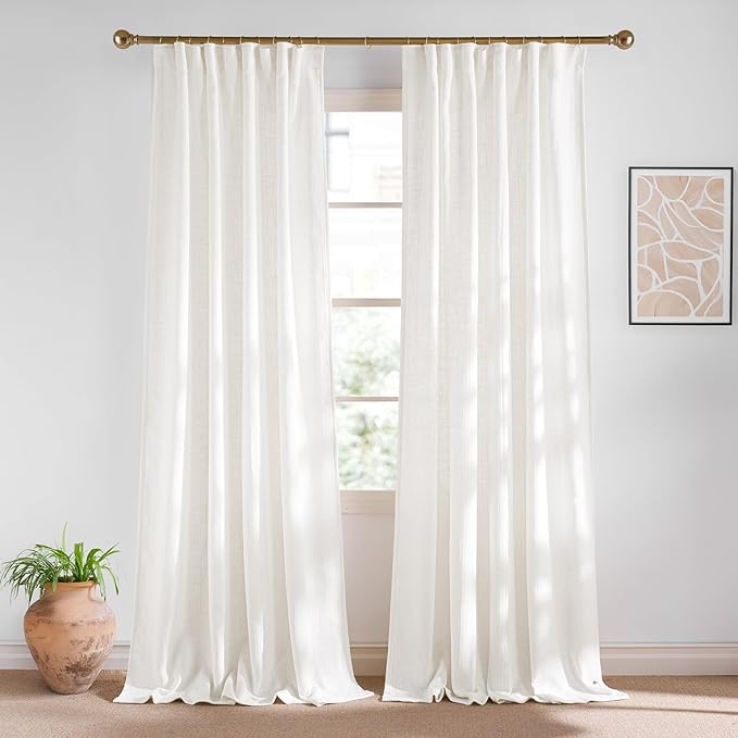 NICETOWN Natural Linen 90 inch Curtains Boho Style, Jacquard Weave Waffle Pattern Privacy Light Filtering Drapes for Farmhouse/Living Room, W52 x L90, 2 Panels