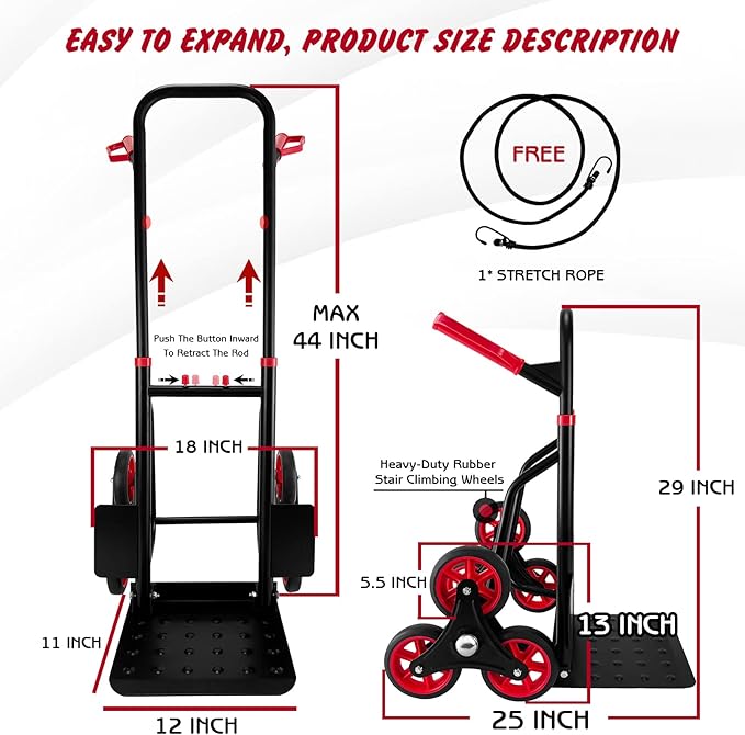 Stair Climber Hand Truck Dolly, Heavy Duty 440 Lb Capacity Trolley Cart with Telescoping Handle and Rubber Wheels 6 Rubber Wheels and Rope for Moving Logistics Warehouse