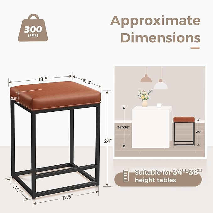 MAISON ARTS Counter Height 24 Inch Bar Stools Set of 4 for Kitchen Counter Backless Modern Barstools Industrial Upholstered Faux Leather Stools Farmhouse Island Chairs, Brown