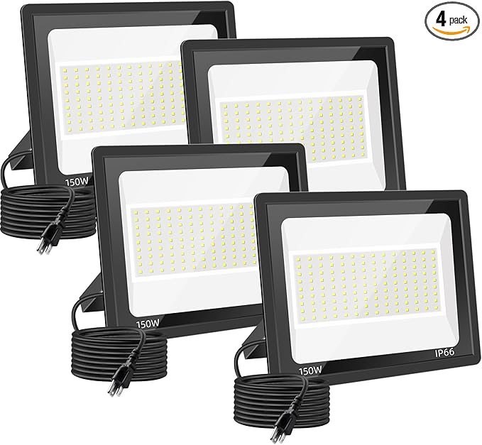 4 Pack 150W LED Flood Light Outdoor, 18000Lm Super Brighter Security Lights, IP66 Waterproof Work Light with Plug, 6000K Daylight White Exterior Floodlight for Yard Garden Garage Stadium