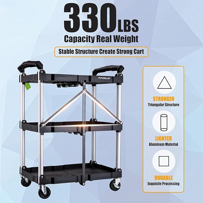 FUTURELAB Portable Folding Service Cart - 3 Tier 330LBS Capacity - Rolling Utility Cart Foldable with Wheels for Warehouse Home Workshops Garages Restaurants Offices (Green)