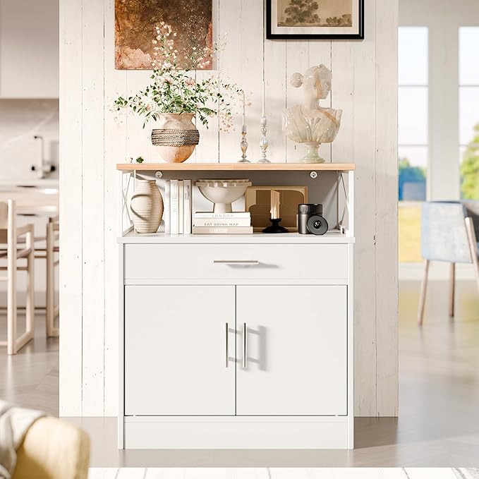 SUNLEI Farmhouse Buffet Sideboard with 2 Doors and 1 Drawer, Open Storage & Adjustable Shelf, Coffee Bar Cabinet for Kitchen/Laundry/Living Room, White