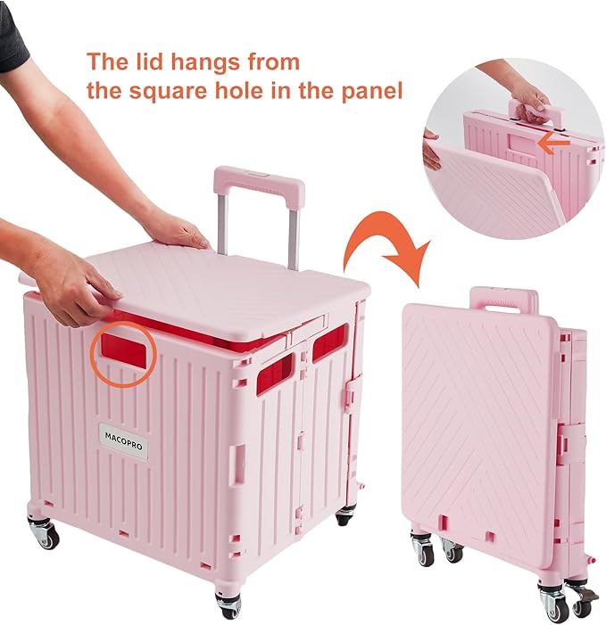 Folding Utility Cart Portable Rolling Crate Handcart Shopping Trolley Collapsible Tool Box, with Lid, Basket on 4 Rotate Wheels, for Grocery, Shopping, Office, Teacher (Pink)