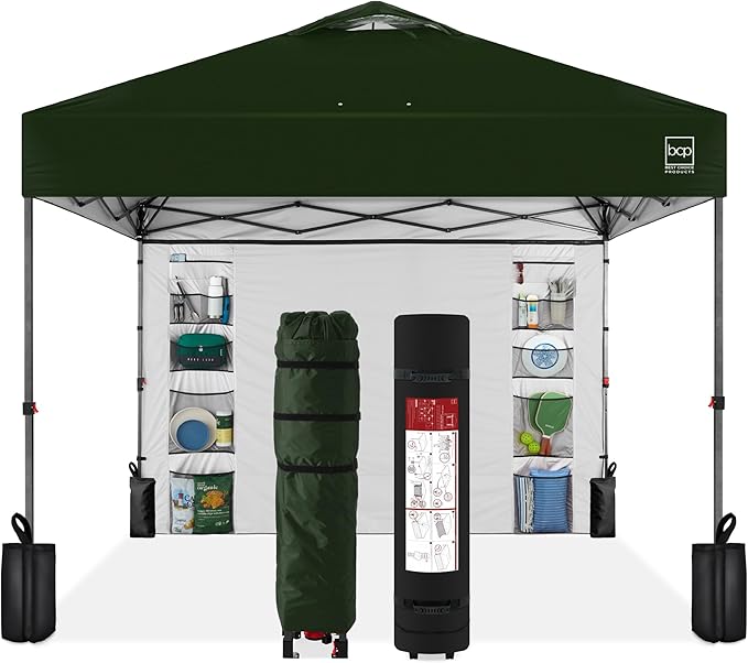 Best Choice Products 10x10ft Easy Pop Up Canopy w/Side Wall, 10 Pockets, Portable Carrying Case, 1-Button Setup, 4 Weight Bags - Dark Green