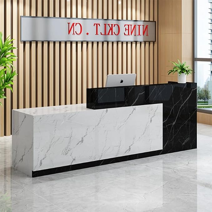 PLMOKN Wood Reception Desk Marble Stone with Checkout Retail Counter L Shaped Modern Mostrador para Negocio Office Desk Closed Front with Storage Drawers for Barber,Salon,Clothing Store