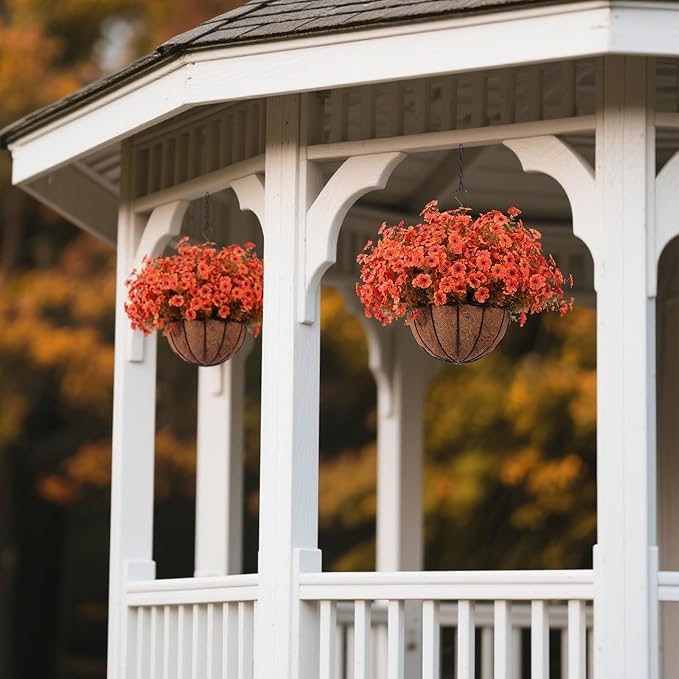 Hananona 24 Pcs Artficial Outdoor Flowers with Hanging Baskets, Orange Fall mums 2 Pack Hanging Planter with Outdoor Fall Flowers for Autumn Porch Garden and Home Patio Yard Decor (2, Orange)