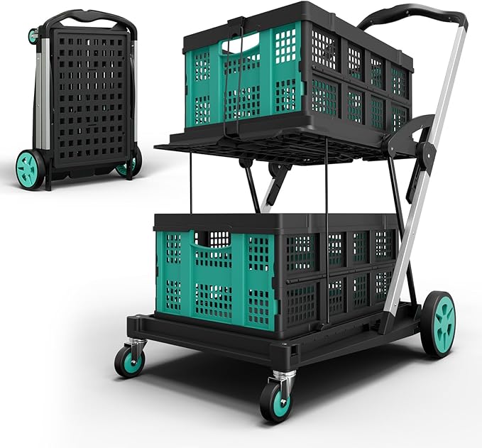 Collapsible Shopping Cart with Wheels, 200 LBS Capacity Grocery Carts with 2 Storage Crate,8-in-1 Grocery Cart on Wheels, Foldable Shopping Carts Platform Hand Truck with Foot Brake, Blue