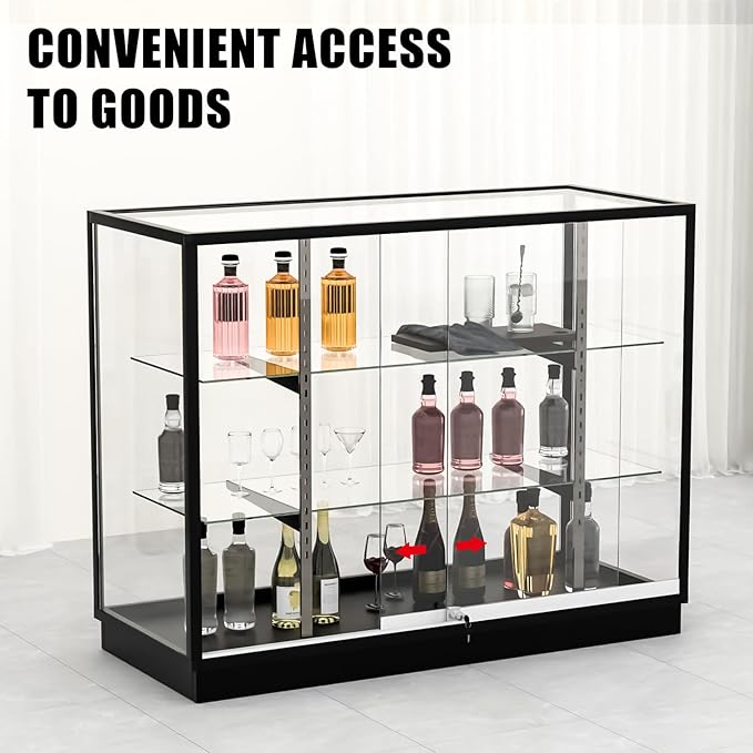 70”D * 20”W * 38”H, Freestanding LED Retail Full Vision Glass Display Case, Silvery Aluminum Frame, Two Adjustable Height Tempered Glass Shelves