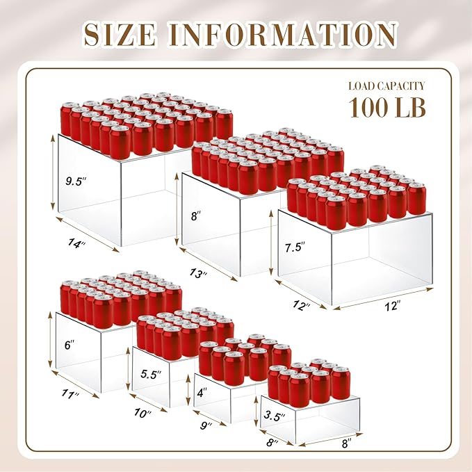 Leinuosen 7 Pcs Extra Large Buffet Risers Set 8" to 14" Acrylic Display Box Square Catering Dessert Table Riser Food Display Decorative Stand with Hollow Bottom for Catering Supplies(Clear)