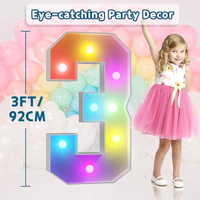 imprsv 3FT Colorful Marquee Numbers,18 Colors with Remote, Light Up Numbers 3 for 3rd 30th Birthday Decorations Anniversary Party Decor, Pre-Cut Foam Board Kit, Mosaic Sign for Balloon