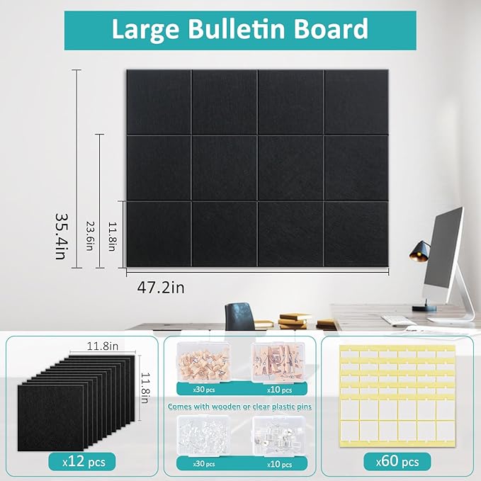 Cork Bulletin Board 48" x 36" - Large Dart Board Wall Protector - 12 Pack Felt Tiles, 60 Removable Safe Adhesive Tabs & 40 Pushpins - for Office, School, Home Decor - Black