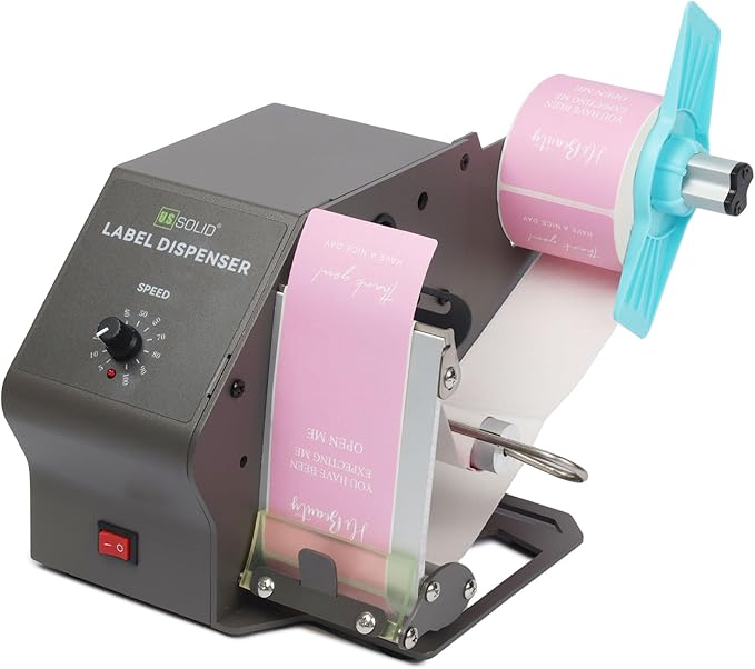U.S. Solid Automatic Label Dispenser for Long Label Rolls and Fanfold Label - Clear and Opaque Labels - Core Sizes 1”/1.5”/3”- Adjustable Speed Label Width 0.2-4.7 in Max. Roll Diameter 11 in