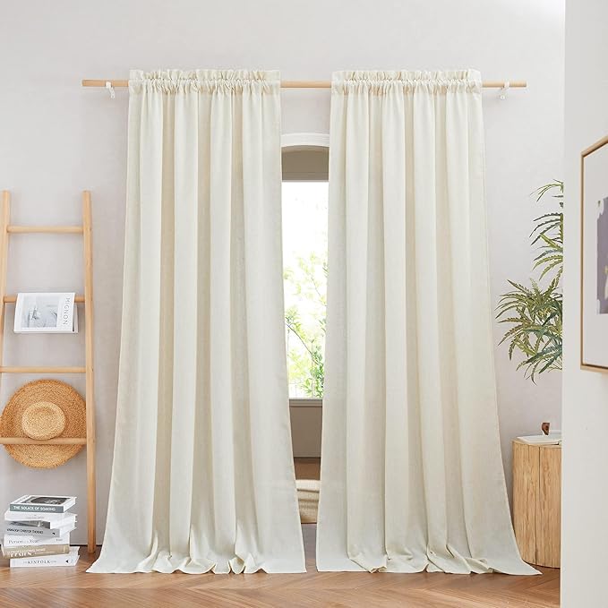 NICETOWN Thick Boho Curtains Linen Drapes for Living Room, Rustic Rod Pocket Semi Sheer Panels Privacy Assured Semi Sheer Linen Blend for Living Room/Bedroom, Off White, W55 x L95, 2 Panels