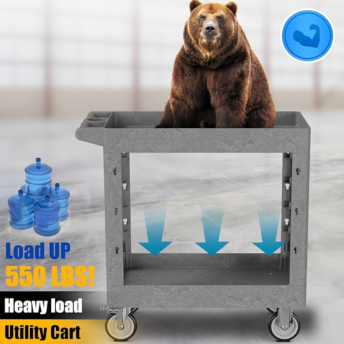 Service Utility Plastic Tool Cart, 34 x 17-Inch Rolling Cart with Deep 2-Shelf Heavy Duty Wheels, 550 lbs Capacity Organizer for Garage, Warehouse, Workshop