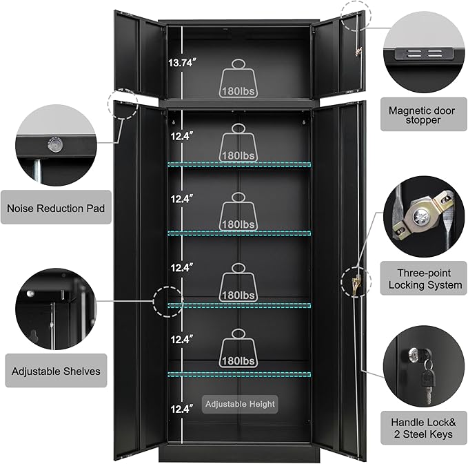 Storage Cabinet, 87 Inch Tall Metal Storage Cabinet with Doors and Shelves,Heavy Duty Metal Cabinet, Pantry Cabinets for Kitchen Storage, Garage Cabinet for Living, Dining Room.