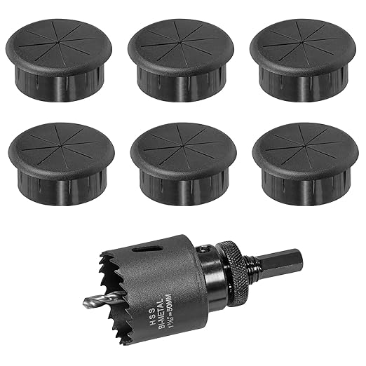2" Black Desk Grommet, JTemgle Flexible Cable Grommet with Bi-Metal Hole Saw Rubber Cable Hole Cover Wire Organizer Caps Desktop Cord Management for Home Office TV Stands Tabletops, 7 Pieces