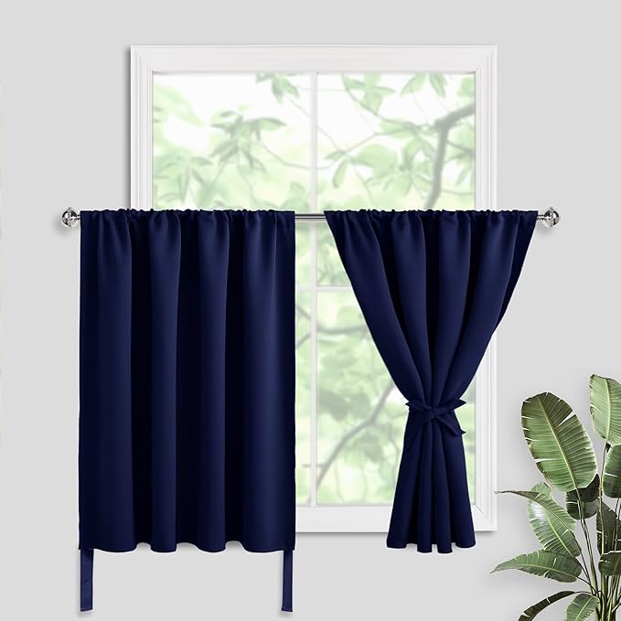 JIUZHEN Short Blackout Curtains for Small Window - Cafe Room Darkening Privacy Thermal Insulated Half Window Curtains Tiers for Bathroom,Kitchen, W 52 x L 36, Set of 2 Panels with Tiebacks, Navy Blue
