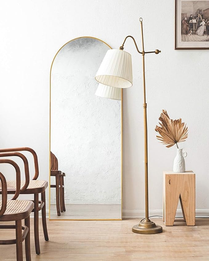 TinyTimes Arched Full Length Mirror, 58"x18" Floor Mirror with Stand, Large Full Body Mirrors, Arch Wall Mirror, Big Full Size Mirrors for Bedroom, Aluminum Frame, Gold