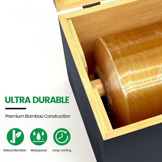 Black 18 Inch Commercial Plastic Wrap Dispenser with Cutter & Roller - Heavy Duty 3000ft Film & 1000ft Foil Holder - Fits Butcher, Freezer, Kraft Paper for Restaurant Kitchen Food Service