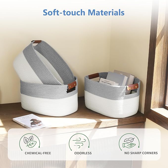 Cotton Rope Storage Baskets,15x10x9 in,Foldable Storage Bins, Decorative Woven Basket Cube Storage Organizer for Laundry, Towel, Clothes (White/Grey-2Pack, 15x10x9 inches)