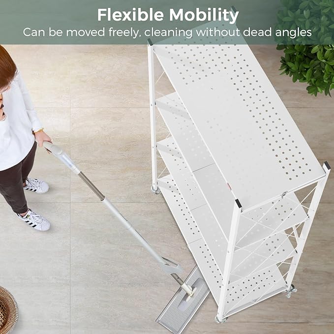 DEANIC 4 Tier Foldable Storage Shelves with Wheels, Large Capacity Shelving Unit, Freestanding Metal Wire Shelf Rack, No Assembly Organizer Rack for Garage Kitchen, Basement, Pantry(White)