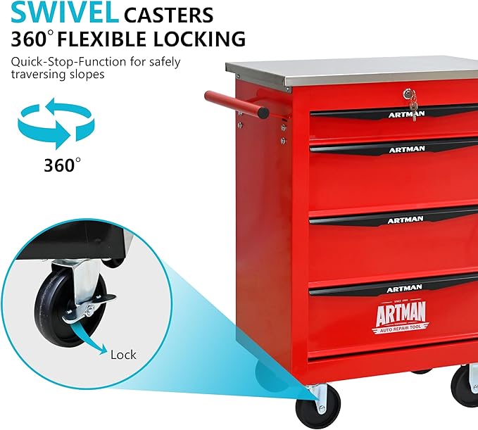 4 Drawers Tool Cart on Wheels with Stainless Steel Worktop, Heavy Duty Mobile Rolling Drawer Tool Chest with Locking Wheels & Lockable Drawers, Garage Tool Storage Cabinet (Red, 4 Drawers)
