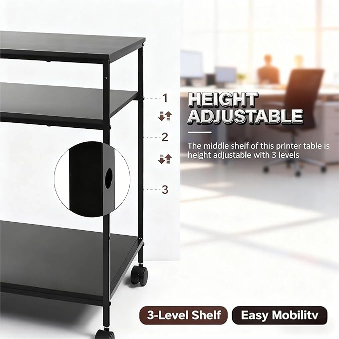 Heavy Duty 2-Tier Printer Stand with Locking Wheels, 19.5"x19.5" Large Printer Table Shelf, Holds 100 lbs per Shelf - Fits Most 60" Desks, Perfect for Office, Home, Laser Printer or Mini Fridge