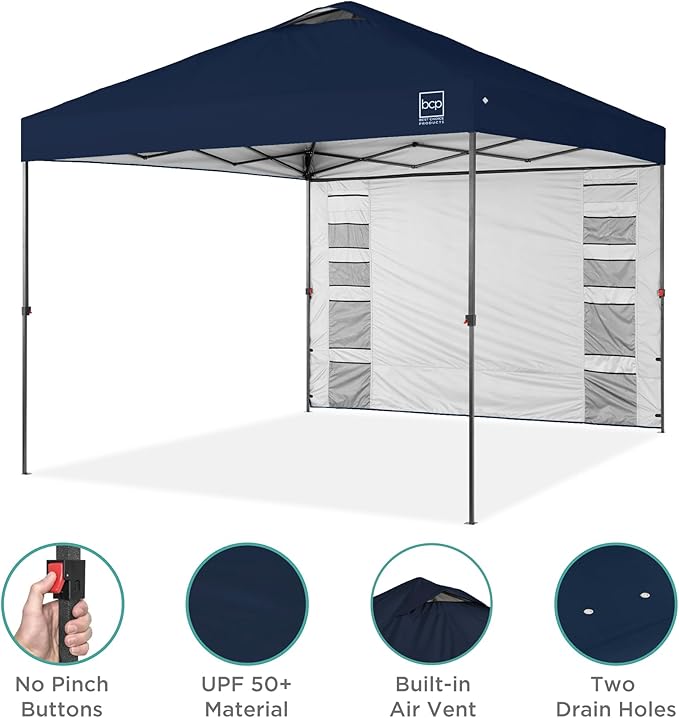 Best Choice Products 10x10ft Easy Pop Up Canopy w/Side Wall, 10 Pockets, Portable Carrying Case, 1-Button Setup, 4 Weight Bags - Navy Blue