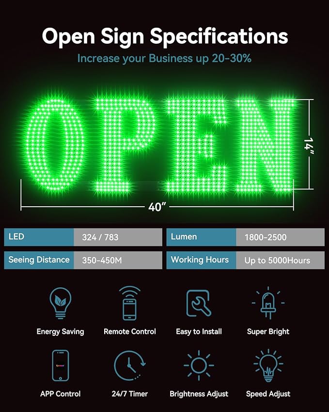 Open Sign for Business, 40"x14" Jumbo Open Sign with Timer and Remote Control, Dynamic Light Modes Led Signs for Storefront Window Bar Salon Cafes Retail Shops Green