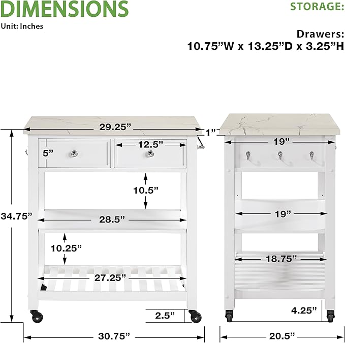 OSP Home Furnishings Litchfield Modern Farmhouse Kitchen Cart, Solid Wood Frame with Storage Drawers, Shelves, Locking Casters, White with Faux Marble Top