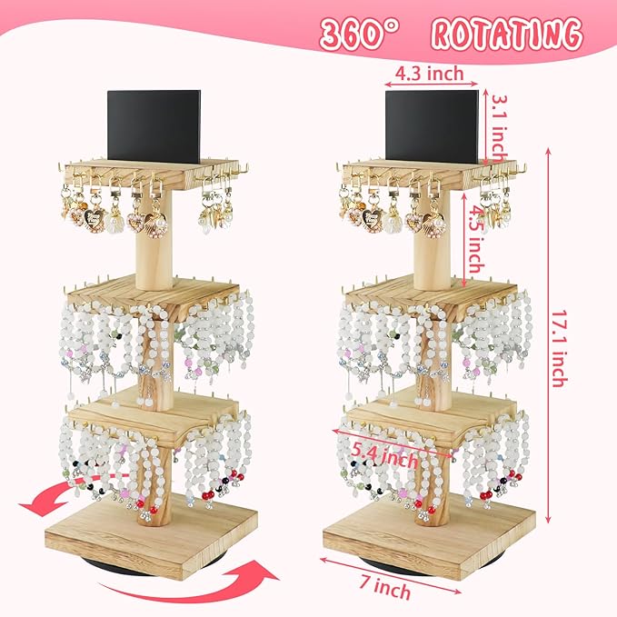 Bracelet Holder Display, 3 Tier Wooden Rotating Display Stand for vendors, 60 Hooks for Bracelet, KeyChain, Necklace, Jewelry