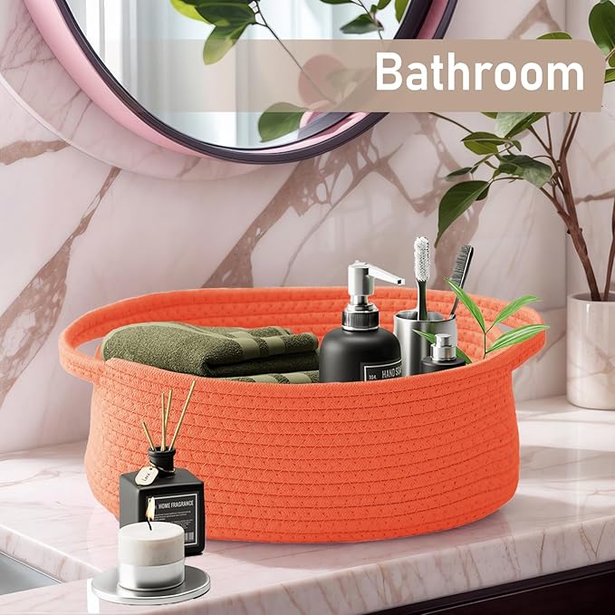 Woven Basket,Small Rope Storage Bin with Handles & Ribbon Bag, Organizer for Shelves Closets,Gift Basket Empty for Birthday,Books,Dog Toys,Orange/3 Pack