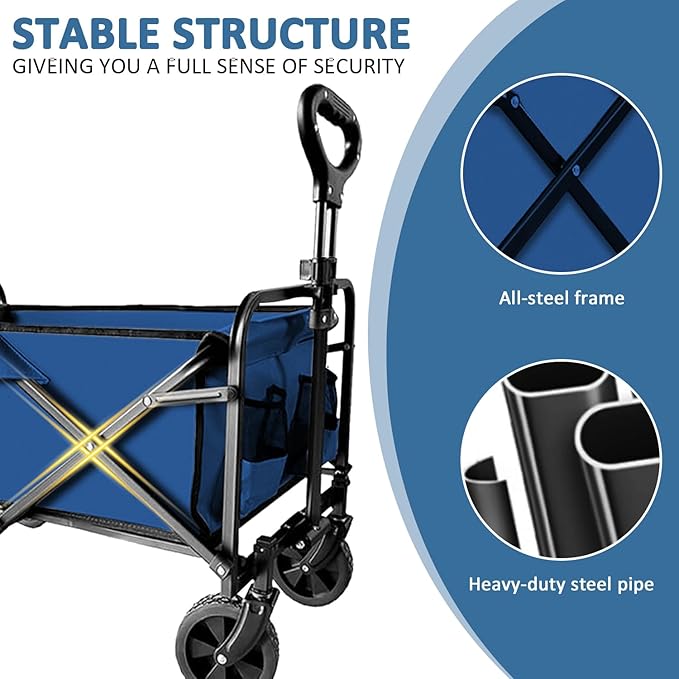 Collapsible Utility Cart Folding Wagon, 220 lbs Capacity Lightweight Rolling Cart with Quiet Wheels, Quick-Fold Design for Camping, Shopping, Ourdoor Use, Blue