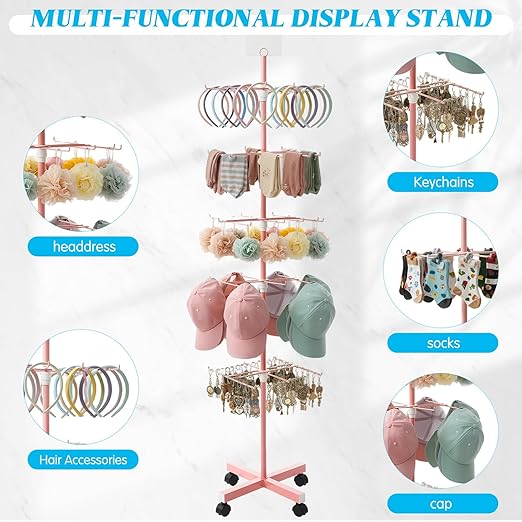 Ripeng 2 Pcs 5‑Tier Retail Display Stand – Rotating Display Rack with Wheels for Jewelry Keychains Socks Hats – Adjustable Movable Shop Spinner for Craft Shows Vendor Events & Stores Accessories, Pink