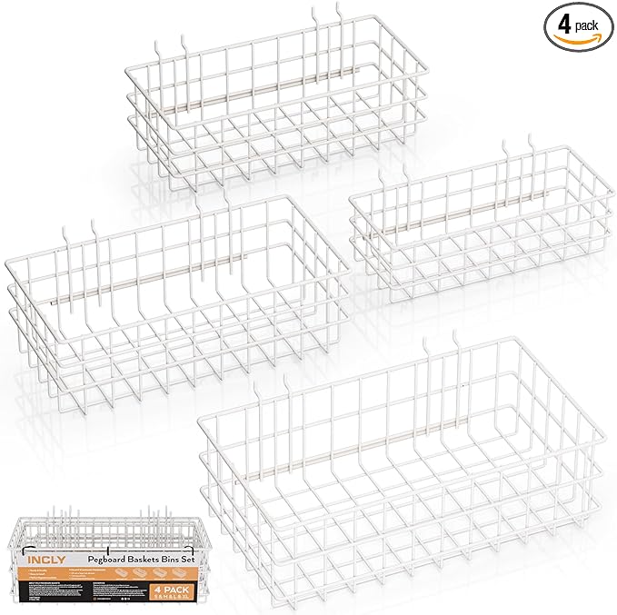 INCLY 4 Pack Pegboard Baskets Bins Set, 4 Size Square Style Metal White Wire Basket for Any Peg Board Organizing Tools, Pegboard Accessories for Workbench Garage Wall Storage Attachments