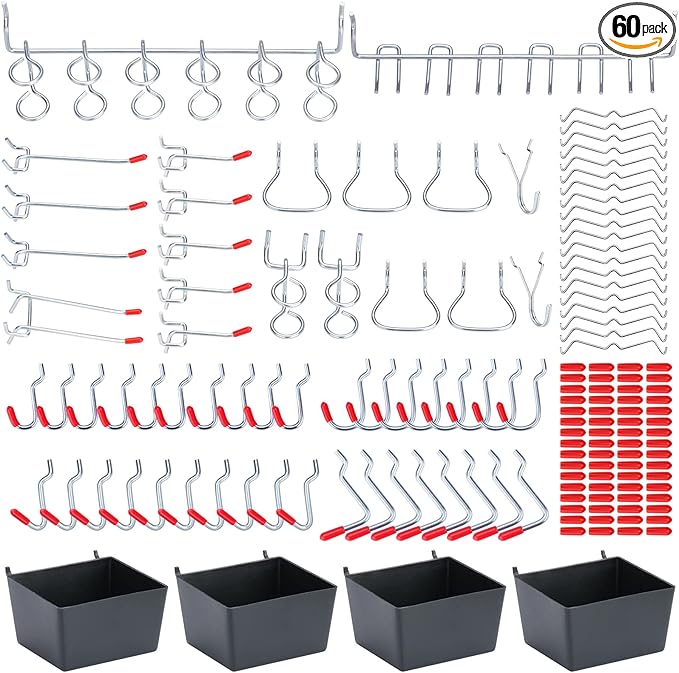 60 Assorted Pegboard Hooks with Pegboard Bins Plus 154 Peg Locks/Caps for 1/4 inch & 1/8 Inch Peg Board, Won’t Fall Out