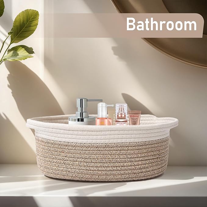 Woven Basket,Small Rope Storage Bin with Handles & Ribbon Bag, Organizer for Shelves Closets,Gift Basket Empty for Birthday,Books,Dog Toys, White&Oatmeal/3 Pack