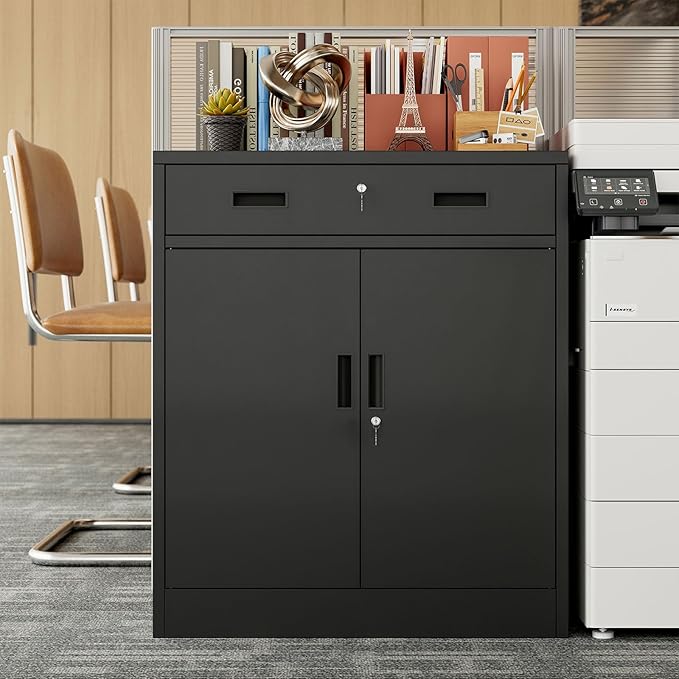 BESFUR Metal Storage Cabinet with Lockable Drawer and 2 Lockable Doors, 36"H Black Metal Cabinet with Adjustable Shelf, Locking Storage Cabinet for Home Office, Garage,School, Warehouse, Utility Room