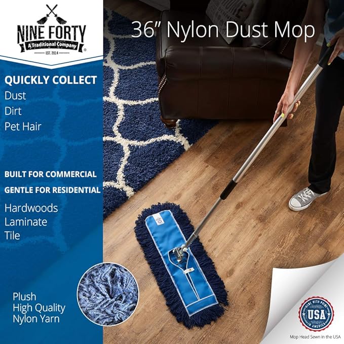 Nine Forty 36" Premium Nylon Dust Mop- Heavy Duty Mop Head for Industrial, Commercial, and Residential Cleaning - Dry Floor Duster for Hardwood Surfaces and Commercial Applications - Blue