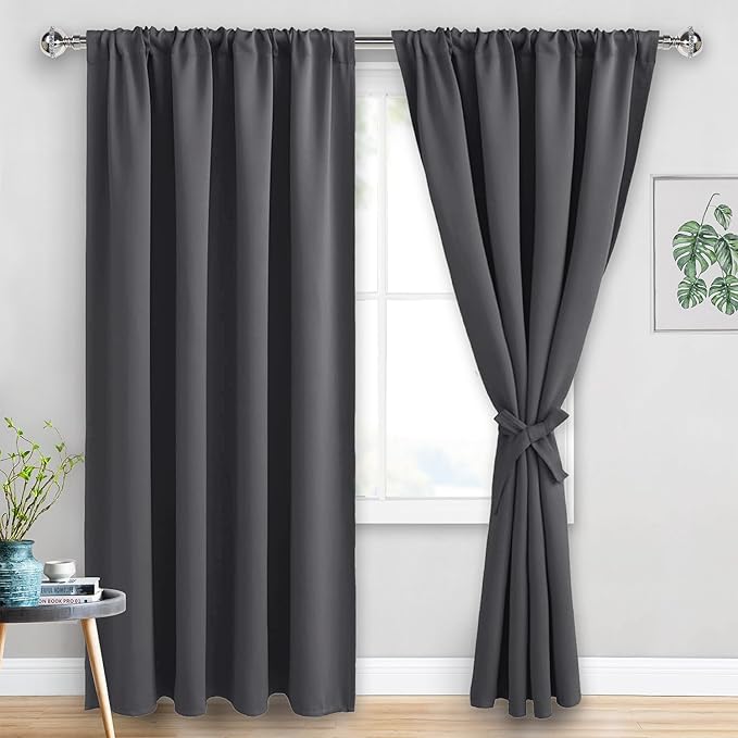 JIUZHEN Blackout Curtains for Bedroom - 70 x 84 Inch Extra Wide Privacy Assured Thermal Insulated Room Darkening Room Divider Curtain Cover for Living Room, Set of 2 Panels with Tiebacks, Dark Grey