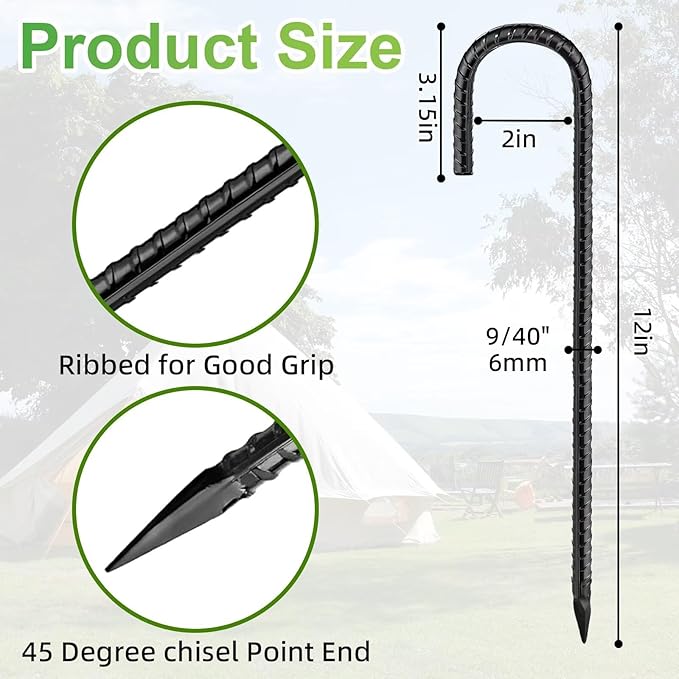 Black Rebar Stakes 12 inch (20pcs) - Heavy Duty 6mm Metal J Hook Ground Stakes,Galvanized Steel for Tent,Bounce House,Fence,Dog Coop,Artificial Turf,Outdoor Plants,Christmas & Holiday Decorations