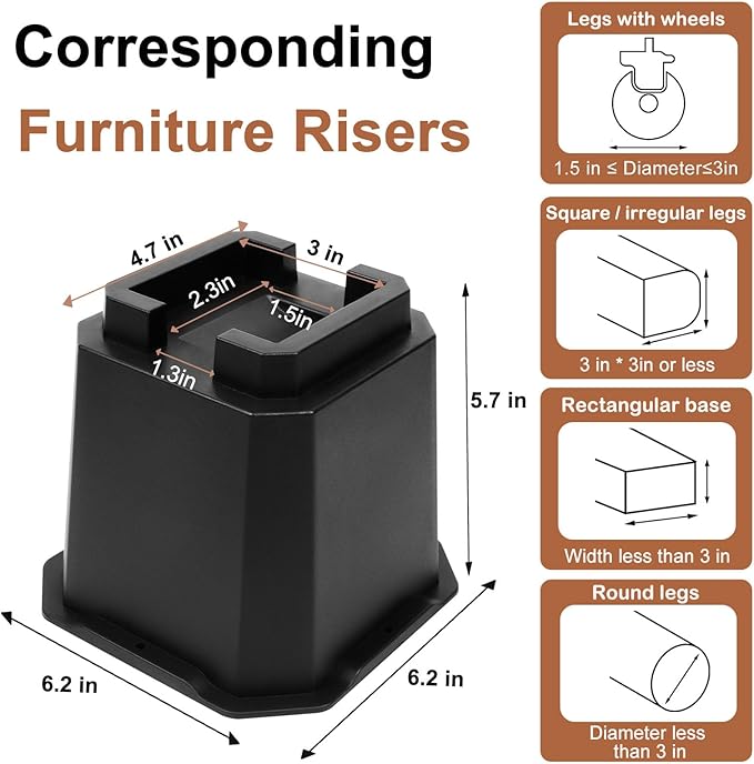 shouwuhho Bed Risers 5 inch, Furniture Risers Elevation in Heights 5 Inch Heavy Duty, Bed Lift Risers for Caster Wheels or Posts of Bed Table Couch, Support up to 6000 lbs, Black, 4 Pack
