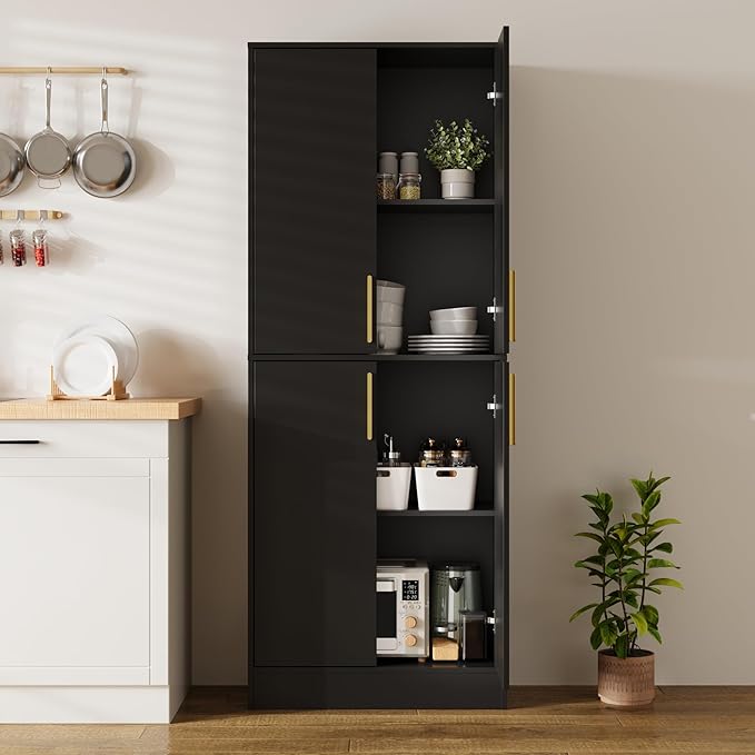 71" Tall Pantry Cabinet, 4 Doors Kitchen Pantry Storage Cabinet, Freestanding Larder Cupboard, Kitchen Hutch with Gold Handles for Dining Room, Bathroom, Black
