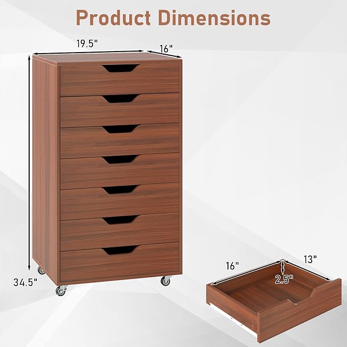 7 Drawer File Cabinet, Mobile Filing Cabinet w/Universal Wheels, Wood Printer Stand with Storage, Rolling File Cabinets for Home Office, Living Room, Bedroom (Walnut, 7 Drawers)