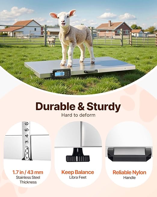 VEVOR 880Lbs x 0.2Lbs Livestock Scale Shipping Scales Large Platform 40.6x20.9Inch Stainless Steel Vet Scale Industrial Floor Scale Large Animal Dog Pig Scale Goat Weight Scale Pet Digital Scale