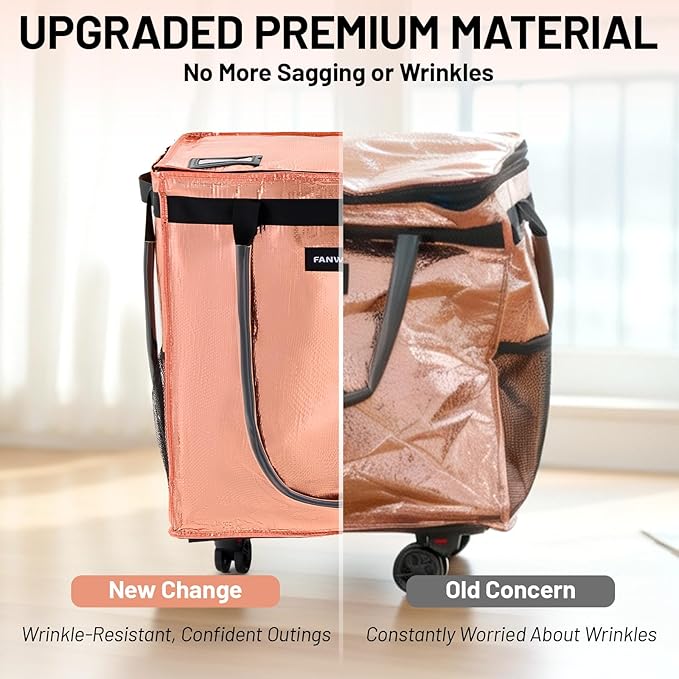 (Medium) Fanwoli Reusable Grocery Bag On Wheels with Removable Liner | Wrinkle-Resistant Fabric | Enhanced Stability Wheels & Extended Handle | Foldable Shopping Trolley for Laundry, Carries Up to 66L