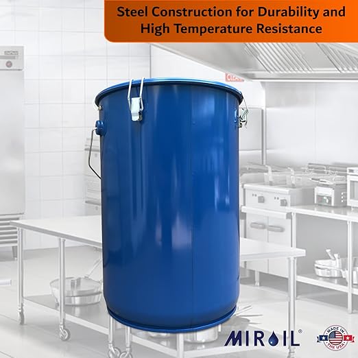 MirOil 6 Gallon Blue Oil Grease Bucket & Filter Pot – Steel Fryer Container w/Lid Lock & Clip, Food Grade Interior Coating - Hot Grease Collection Pot for Disposal Under Drain Valves – Model #30L