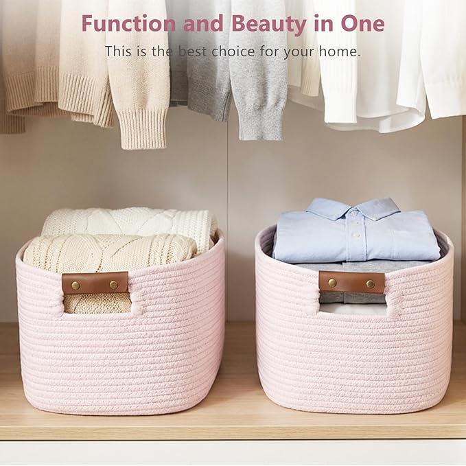 Cotton Rope Basket, Storage Baskets with Handle, 15x10x9 Inch Woven Basket for Shelves, Laundry, Towels, Clothes, Books (Light/Pink 2Pack)