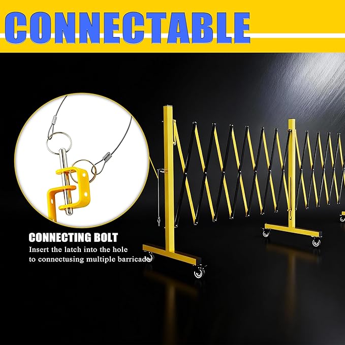 Industrial Expandable Barricade,Folding Security Gate Safety Barricade with Casters,Mobile Barrier Gate Outdoor,Adjustable Traffic Fence for Road Construction, Traffic Control,Pool (23FT)