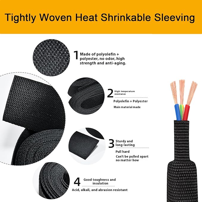 Heat Shrink Braided Sleeving 2:1 Shrinkable Fabric Cable Sheathing Wire Tubing Management Abrasion Protectors Flexibility 3/8" ID-16FT